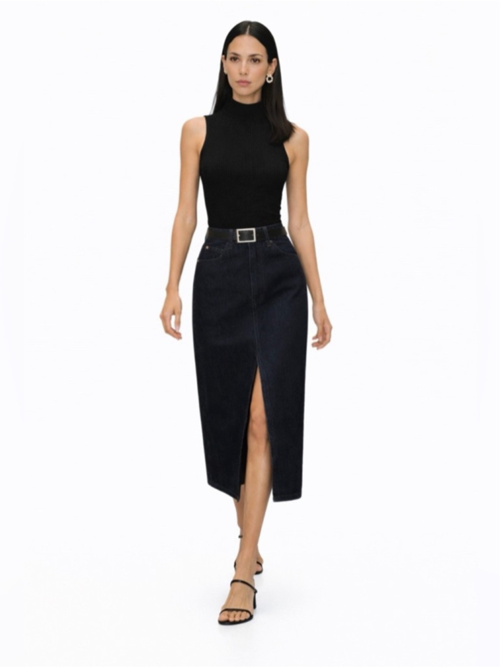 WeWoreWhat Black Denim Midi Skirt with Front Slit chic minimalist 90s style